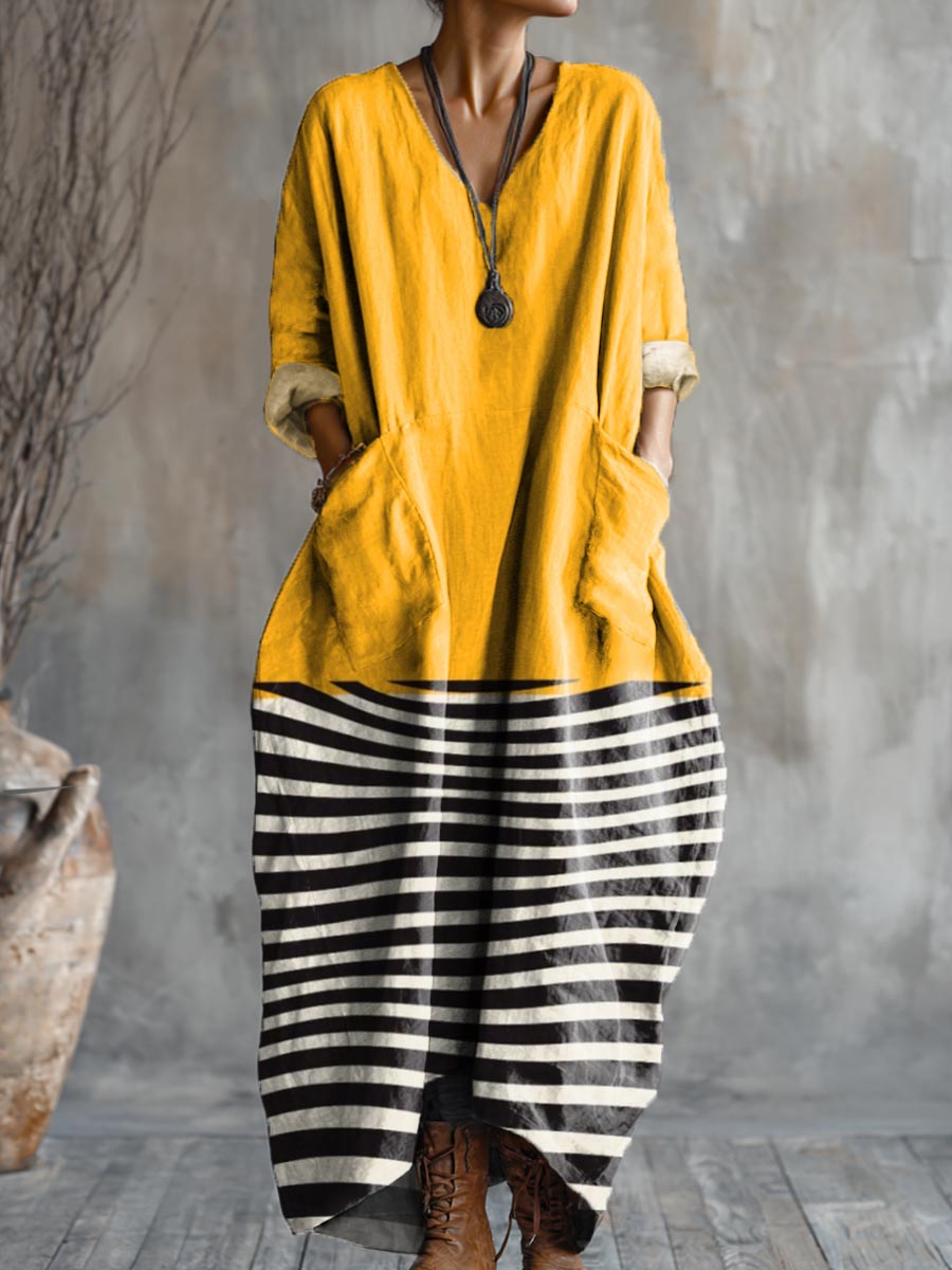 Women's Geometric Art Pattern Print Pocket V-neck Cotton Dress