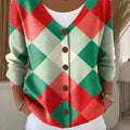 Christmas Lattice Print Buttoned V-neck Cardigan Sweater