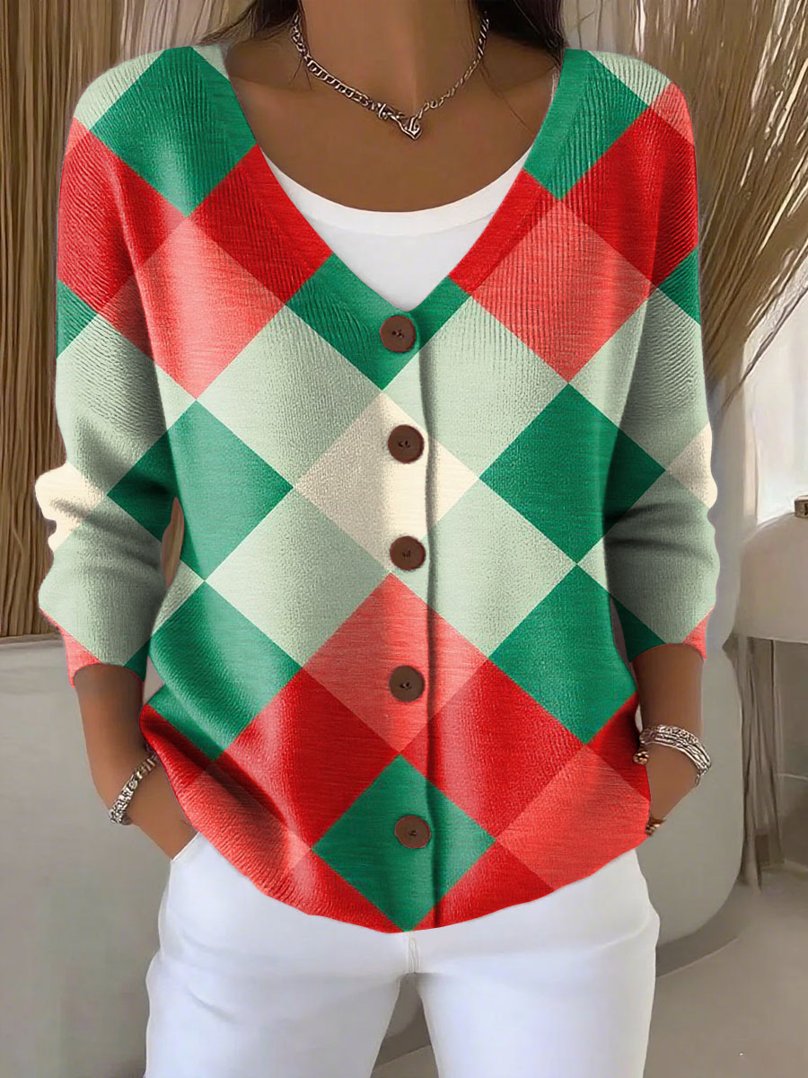 Christmas Lattice Print Buttoned V-neck Cardigan Sweater