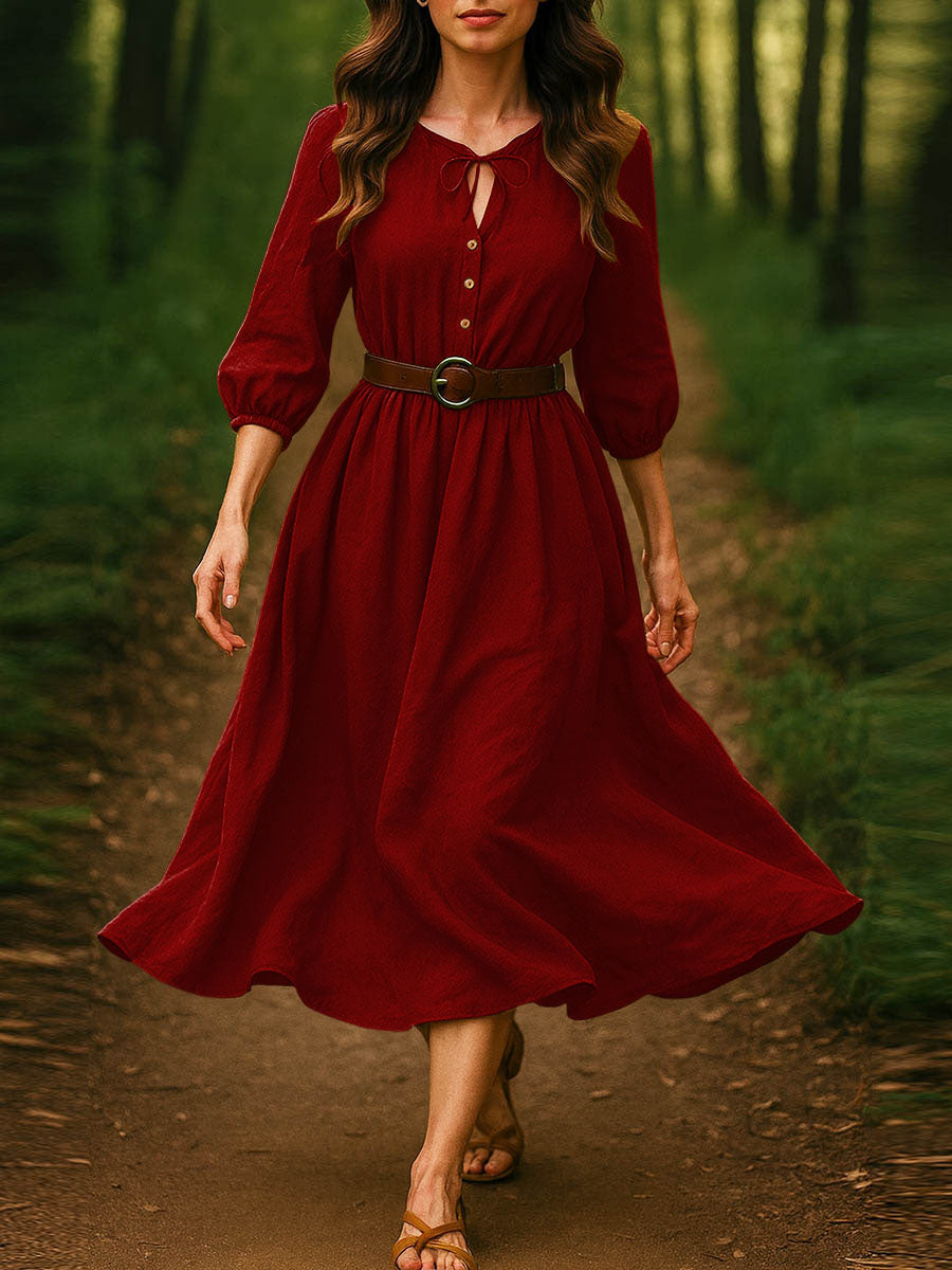 Women's Solid Color V-Neck Tie-Up 3/4 Sleeves Casual Loose Cotton and Linen Dress