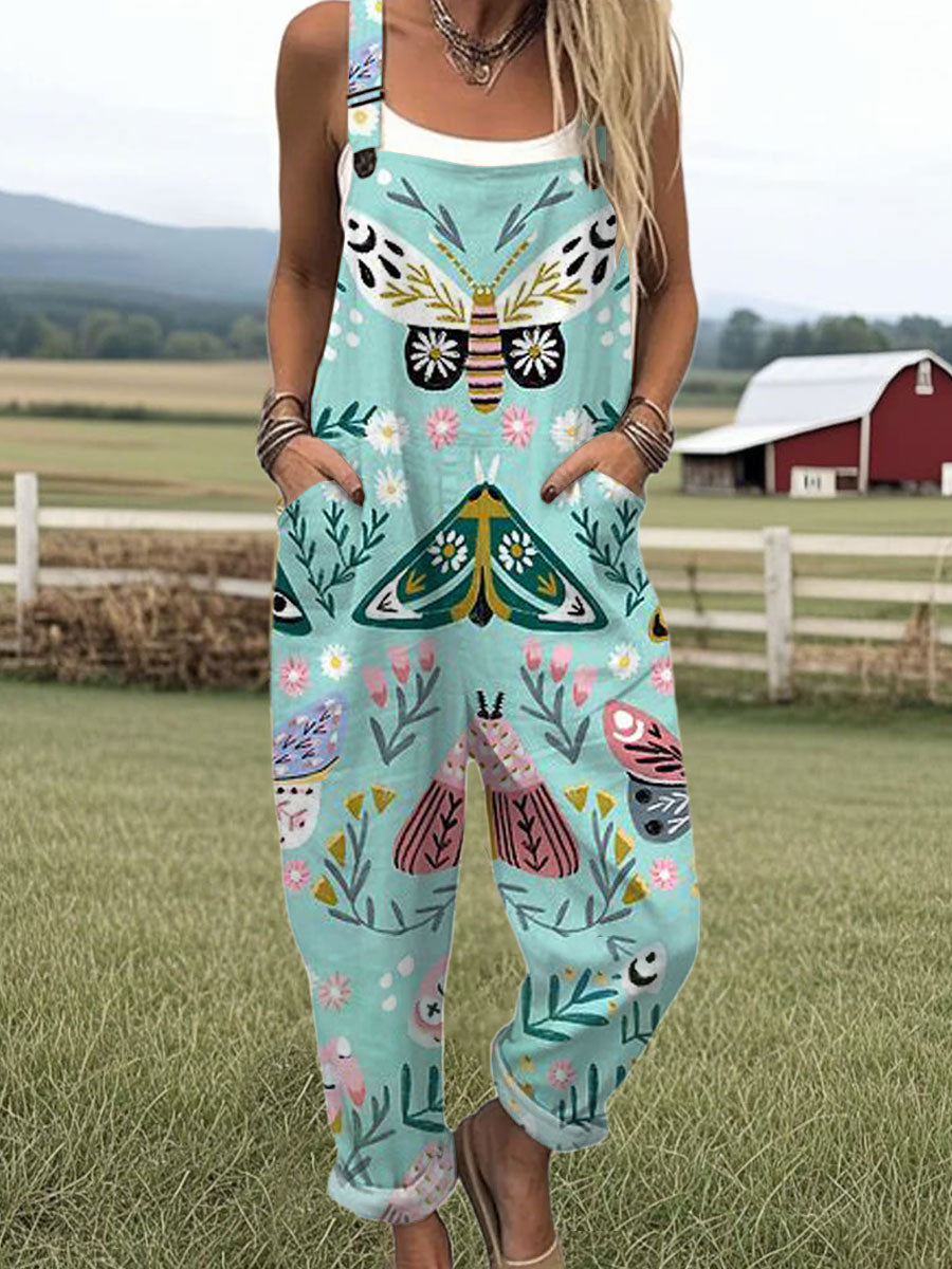 Women's Funny Butterfly Art Print Casual 100% Cotton Wide Leg Jumpsuit