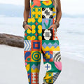 Women's Colourful Art Abstract Geometry Print Casual 100% Cotton Wide Leg Jumpsuit