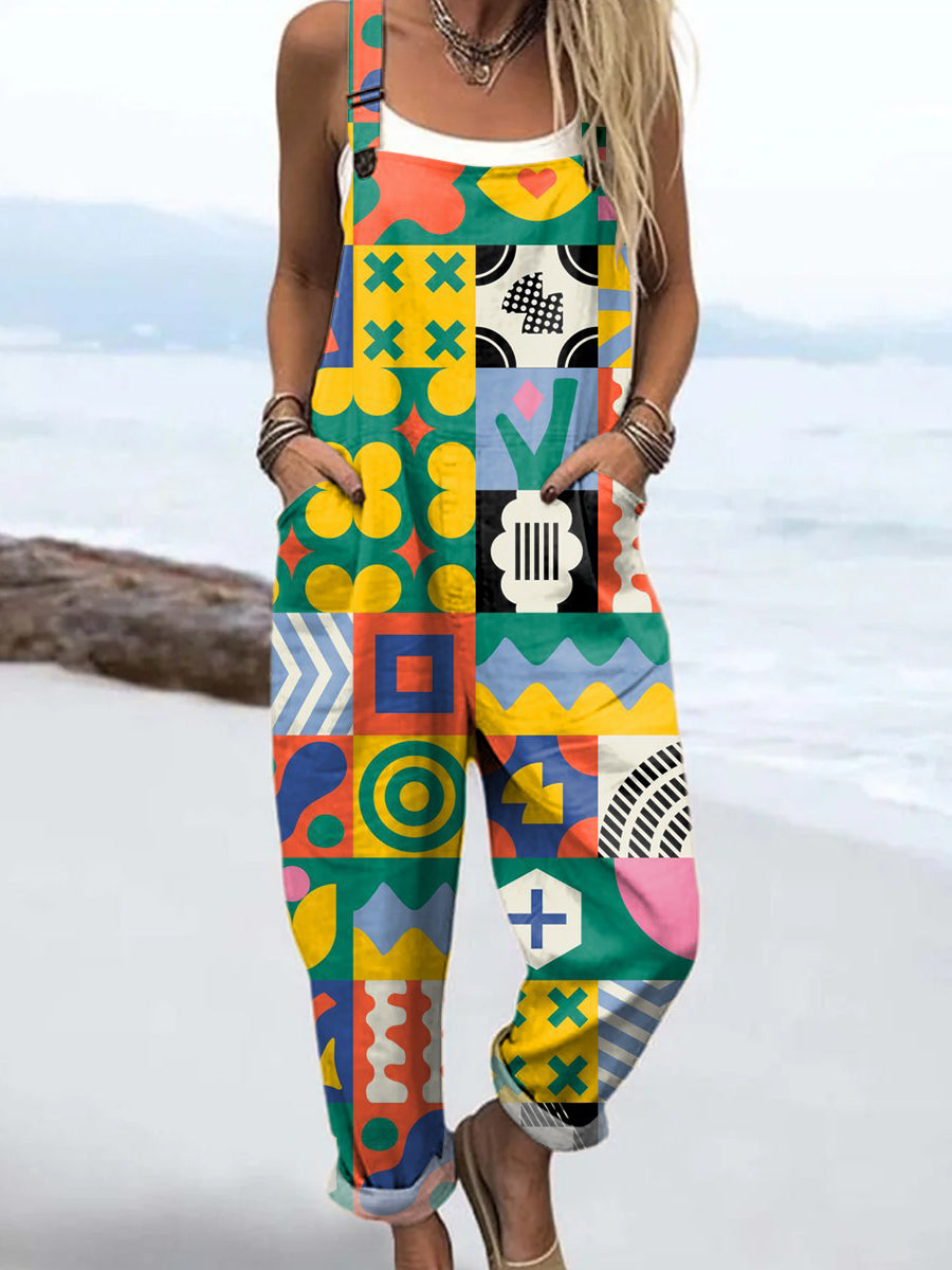 Women's Colourful Art Abstract Geometry Print Casual 100% Cotton Wide Leg Jumpsuit