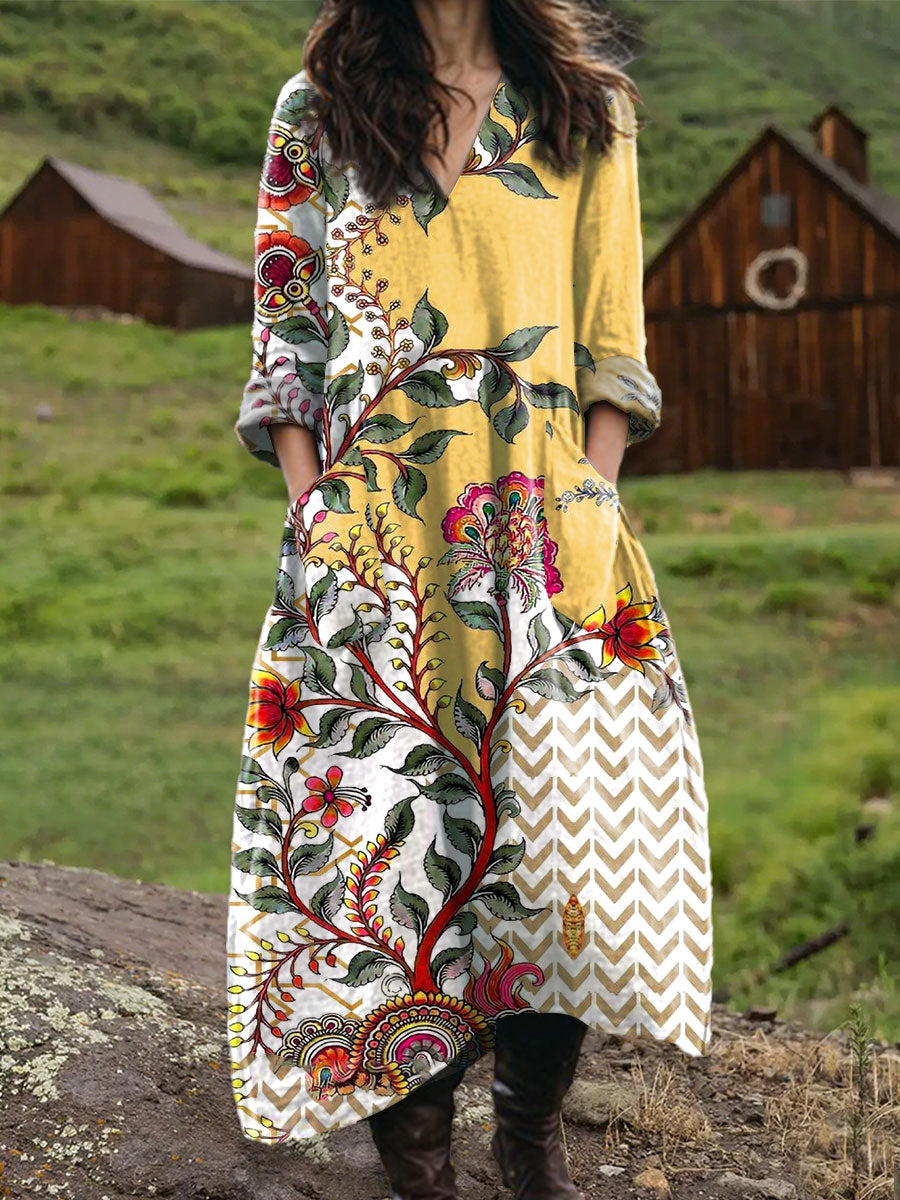 Women's Vintage Floral Art  Print Pocket V-neck Cotton Dress