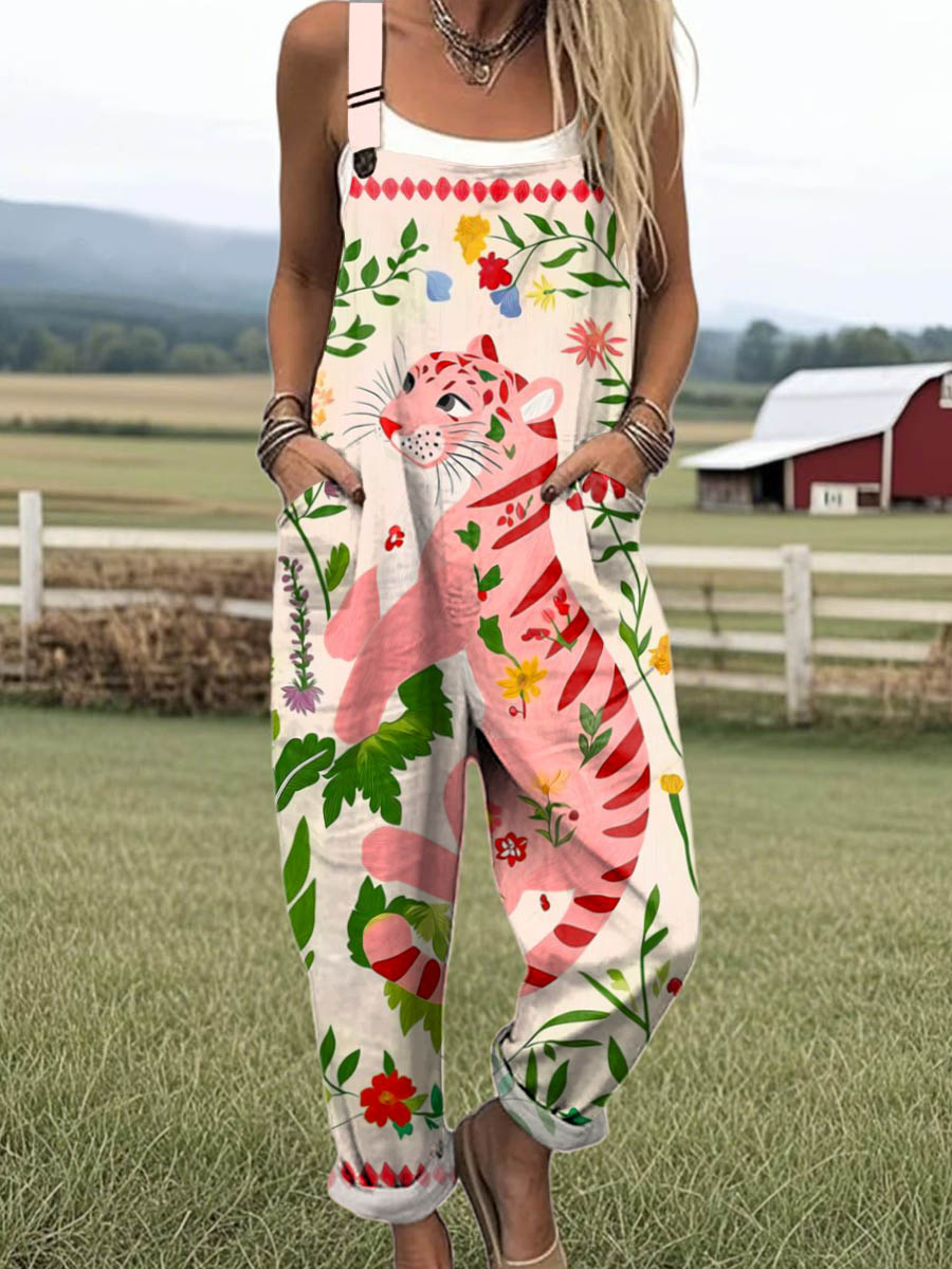 Women's Lovely Tiger Floral Art Print Casual 100% Cotton Wide Leg Jumpsuit