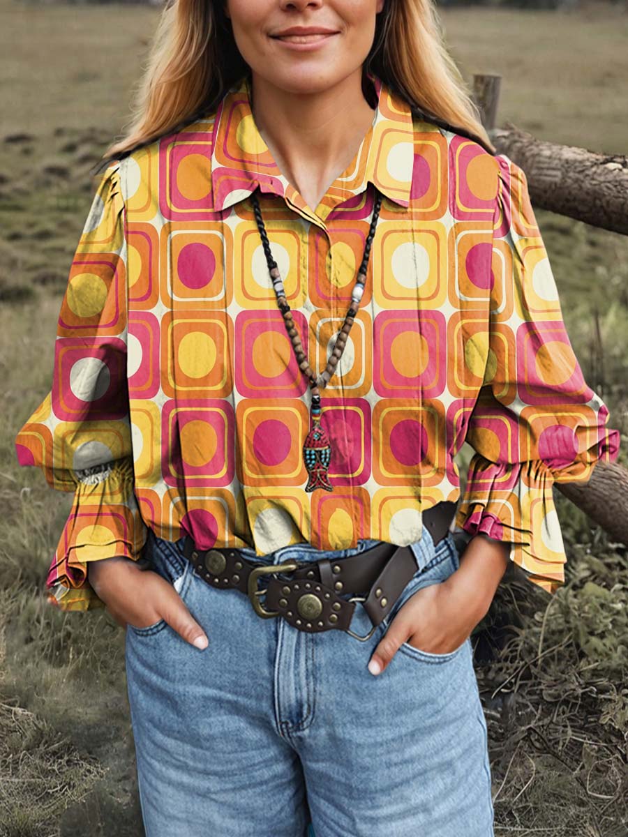 Women's Geometric Print Lapel Long Sleeve Pleated Casual Cotton and Linen Shirt