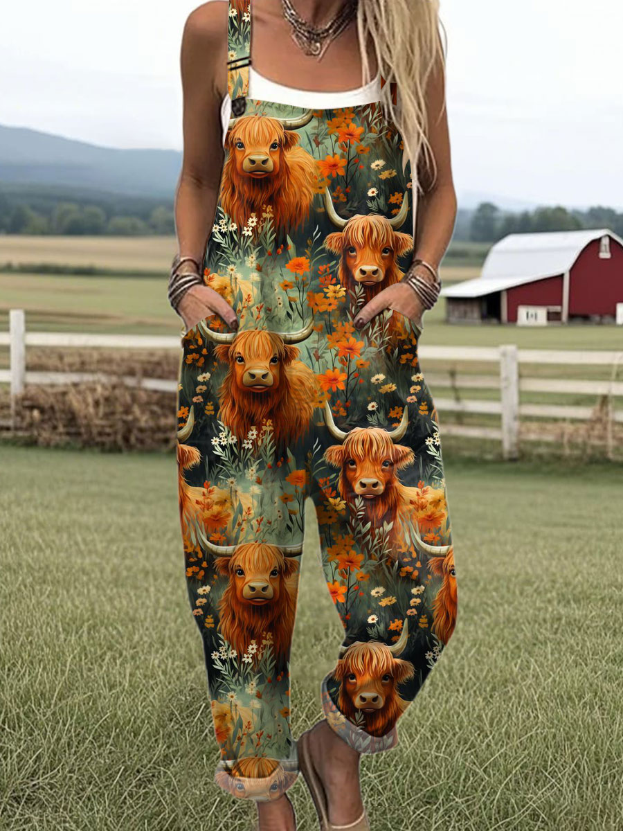Women's Farm Highland Cattle Art Print Casual 100% Cotton Wide Leg Jumpsuit