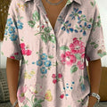 Women's Vintage Botanical Floral Casual Polo Collar Short-sleeved Linen And Cotton Shirt