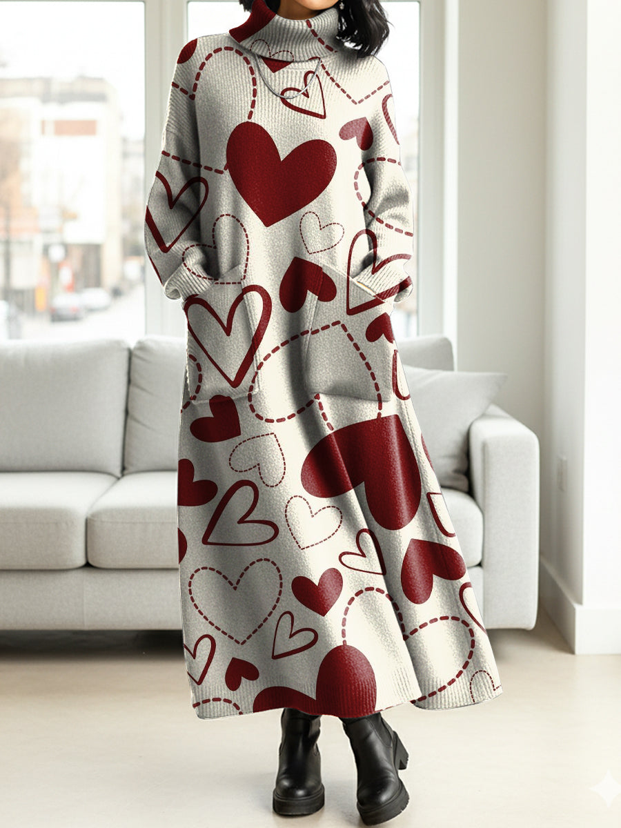 Women's Heart-shaped Print Valentine's Day Casual Cotton Knitted Dress