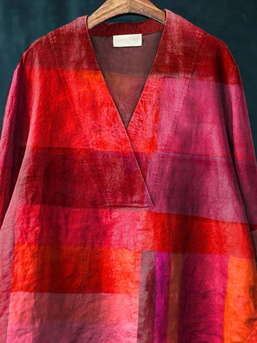 Oil Painting Geometric Color Block Art Printed Women's Casual Cotton And Linen V-neck Shirt