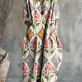 Women's Vintage Floral Art Pattern Print Pocket V-neck Cotton Dress