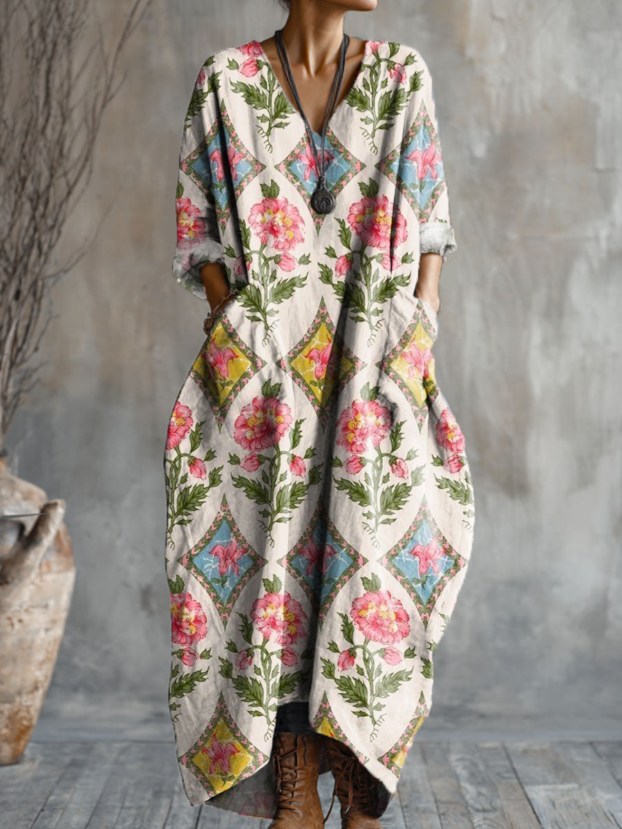 Women's Vintage Floral Art Pattern Print Pocket V-neck Cotton Dress
