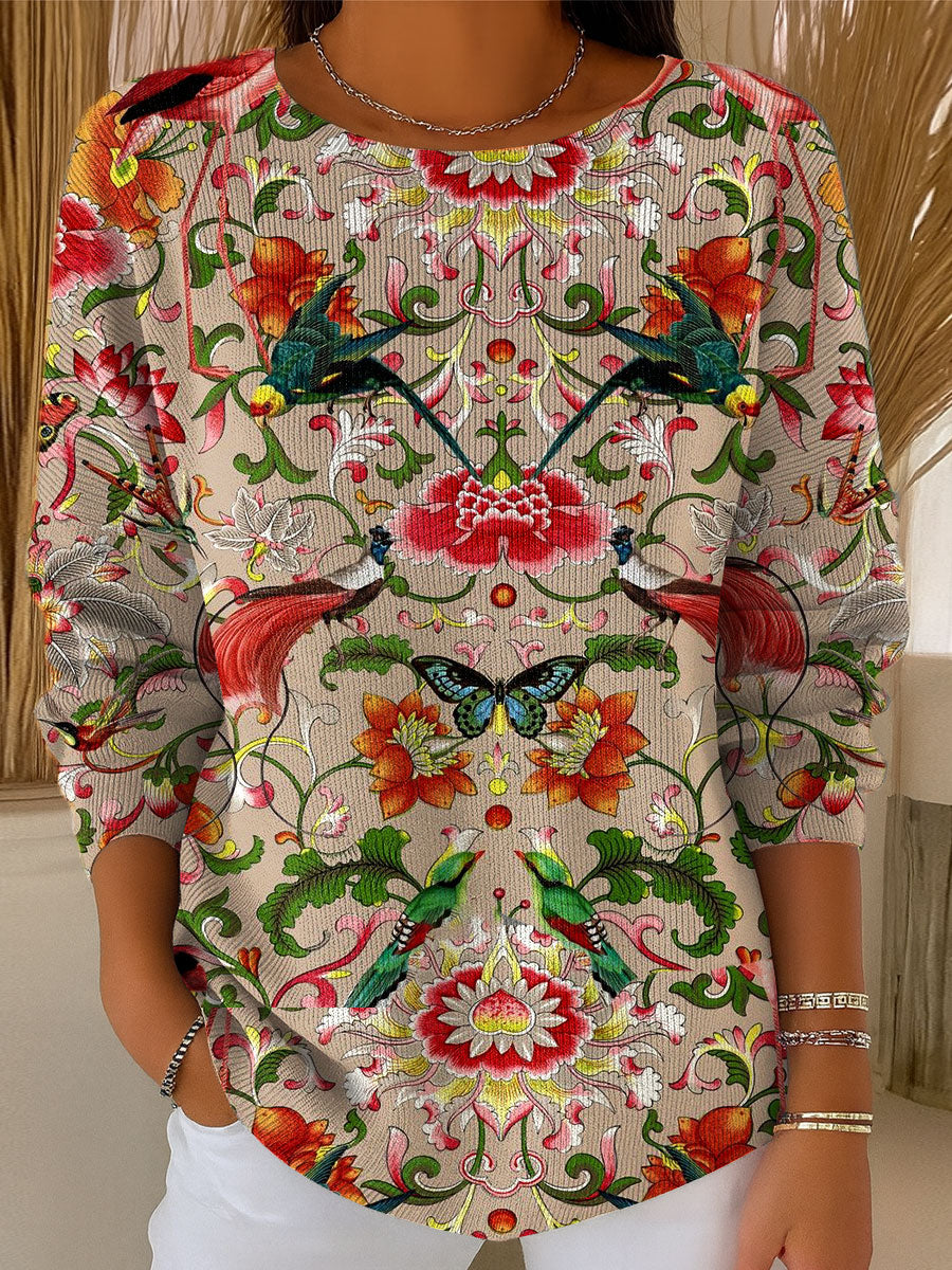 Women's Vintage Floral Art Print Casual Pullover Sweater