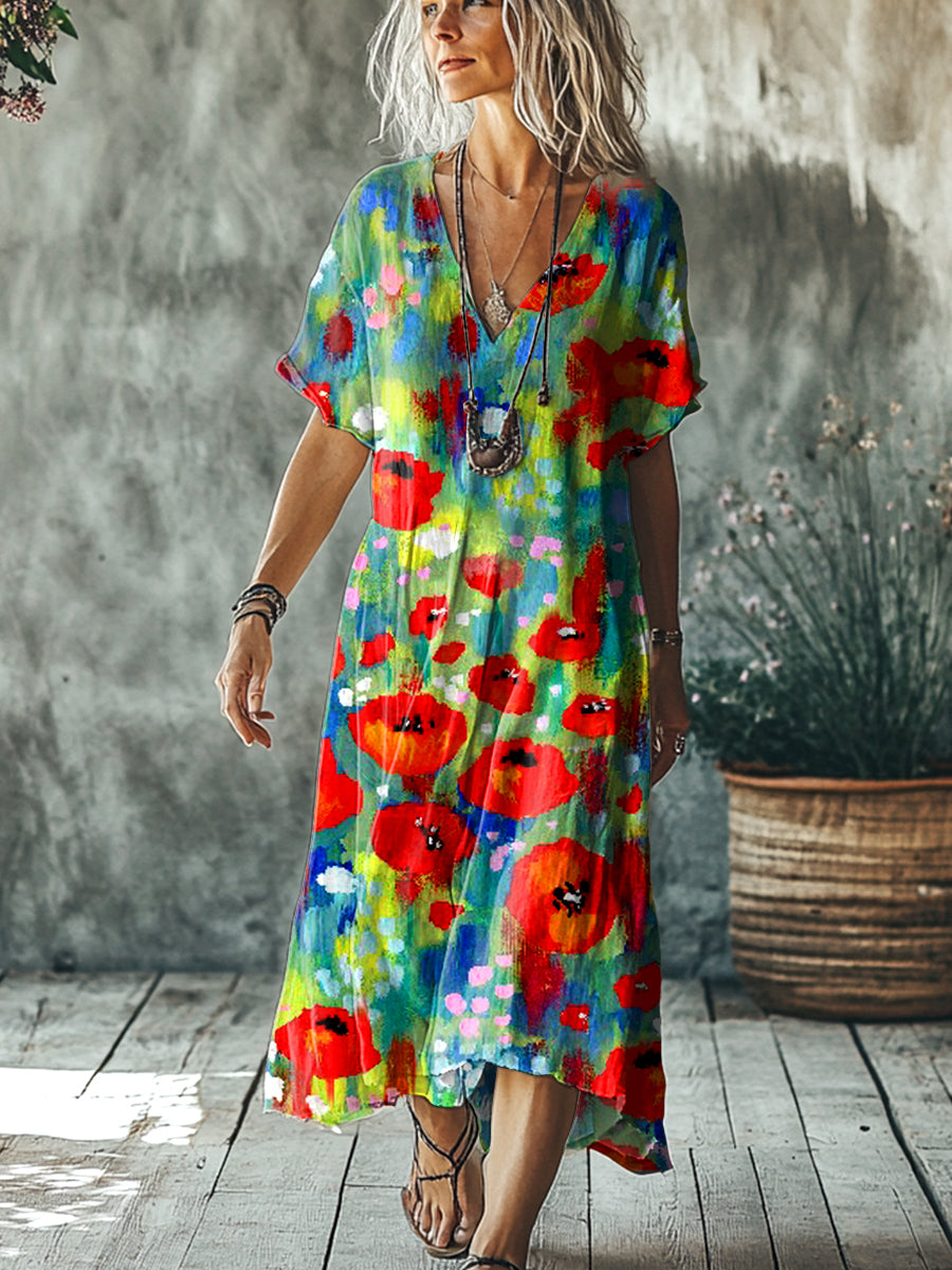 Women's  Floral  Art Print Pocket Cotton Dress