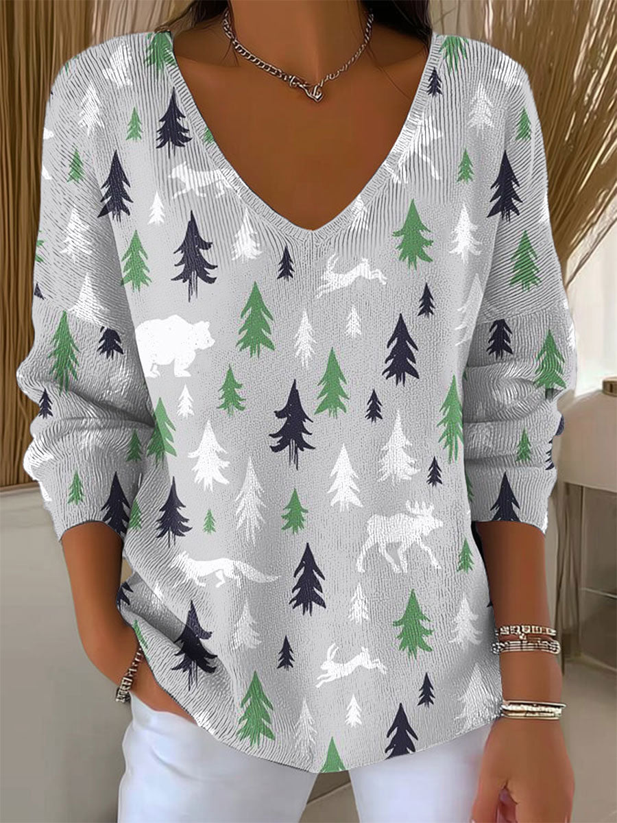 Women's Vintage Christmas Tree Art Print Casual Pullover Sweater