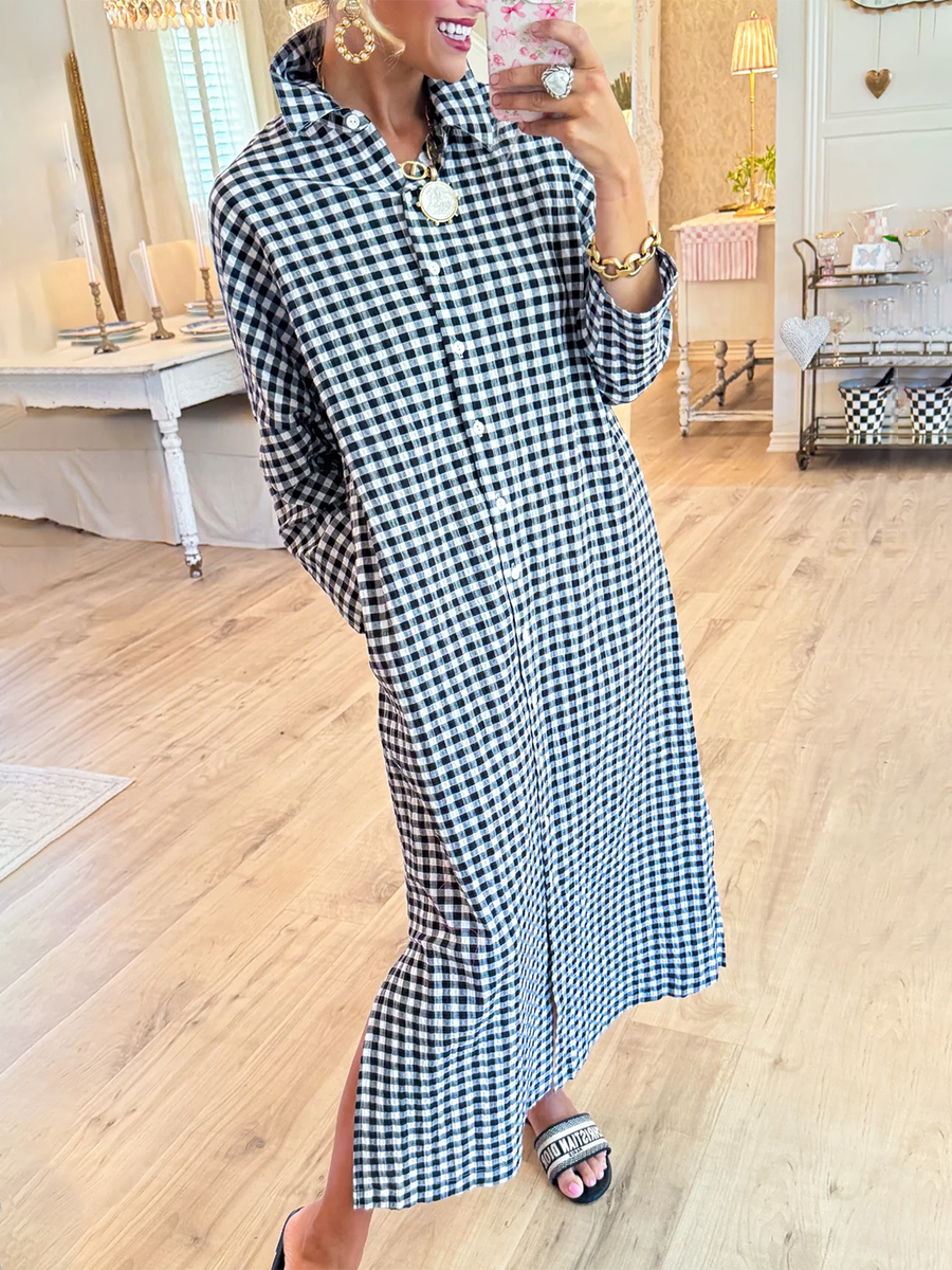 Women's Cotton Plaid Loose Slit Dress