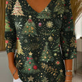Women's Christmas Print V-Neck 3/4 Sleeve Casual Loose Knit Pullover
