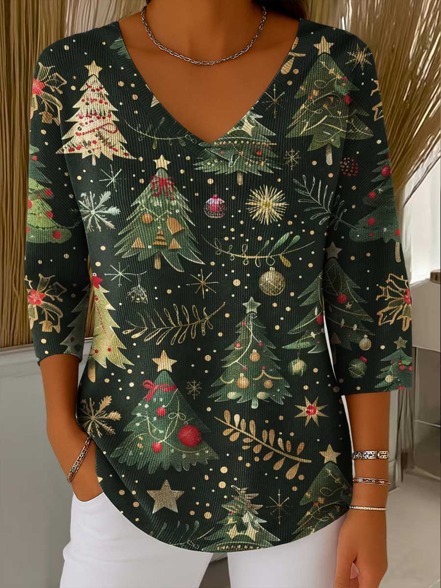 Women's Christmas Print V-Neck 3/4 Sleeve Casual Loose Knit Pullover