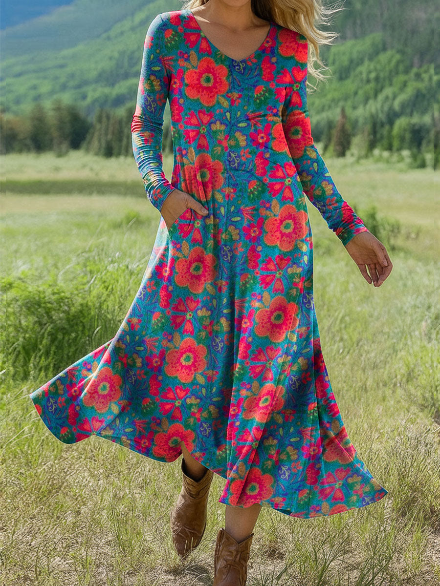 Women's Boho Floral Print Art Print Long-sleeved Dress