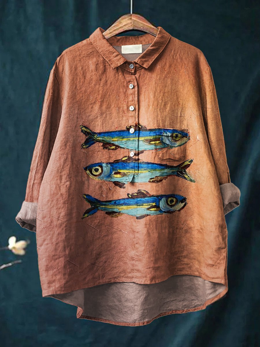 Women's Cute Little Sardines Print Casual Cotton And Linen Shirt