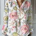 Women's Vintage Flower Art Print Casual Cotton And Linen Ruffle Shirt
