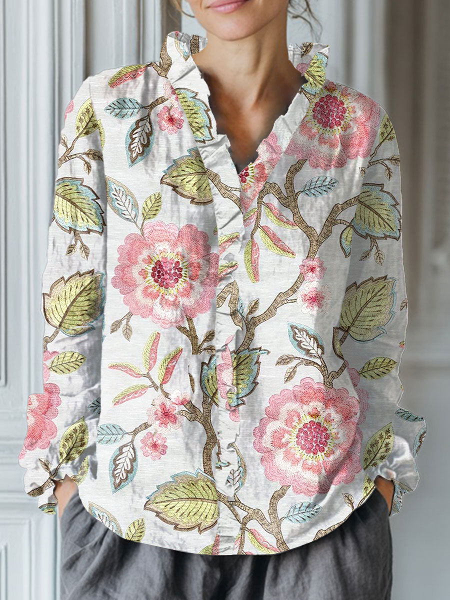 Women's Vintage Flower Art Print Casual Cotton And Linen Ruffle Shirt