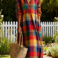 Women's Vintage  Plaid Art Print Linen Pocket Tunic Dress