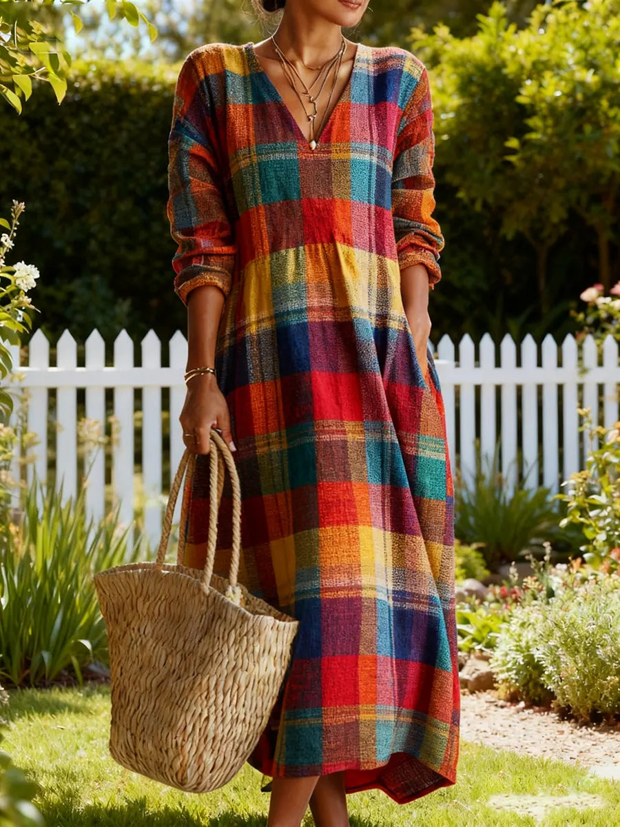 Women's Vintage  Plaid Art Print Linen Pocket Tunic Dress