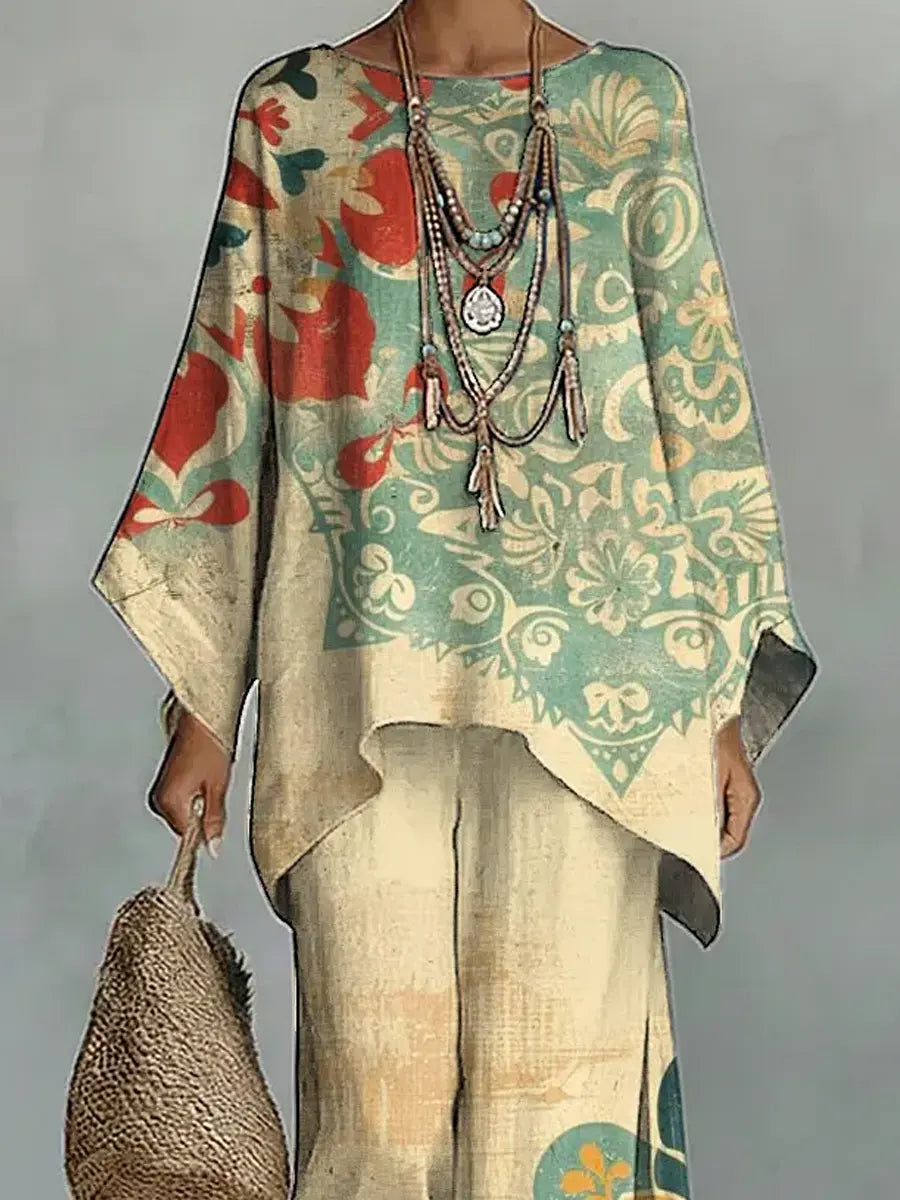 Women's Vintage Ethnic Floral Art Comfortable Loose Cotton Linen Wide-leg Pants Two-piece Set