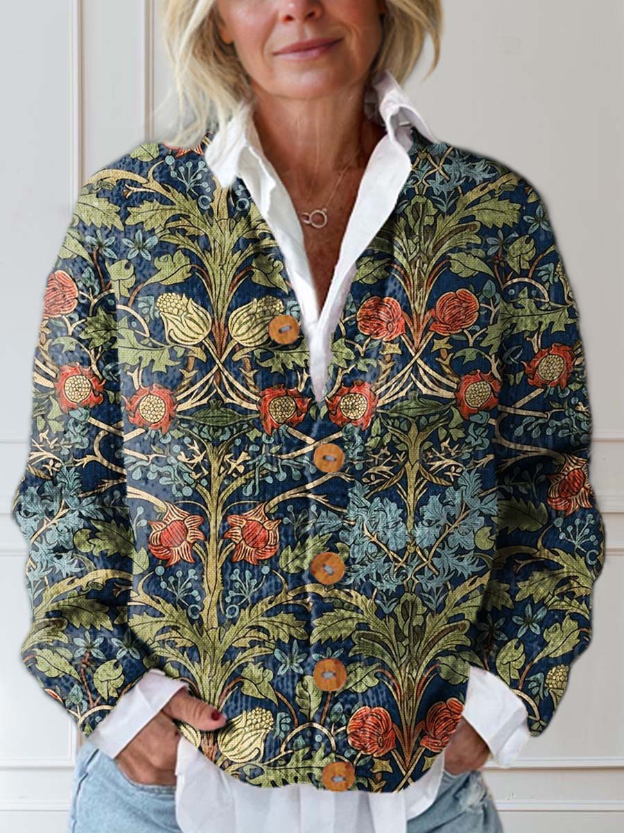 Women's Vintage Floral Art Print Buttoned Cardigan Sweater