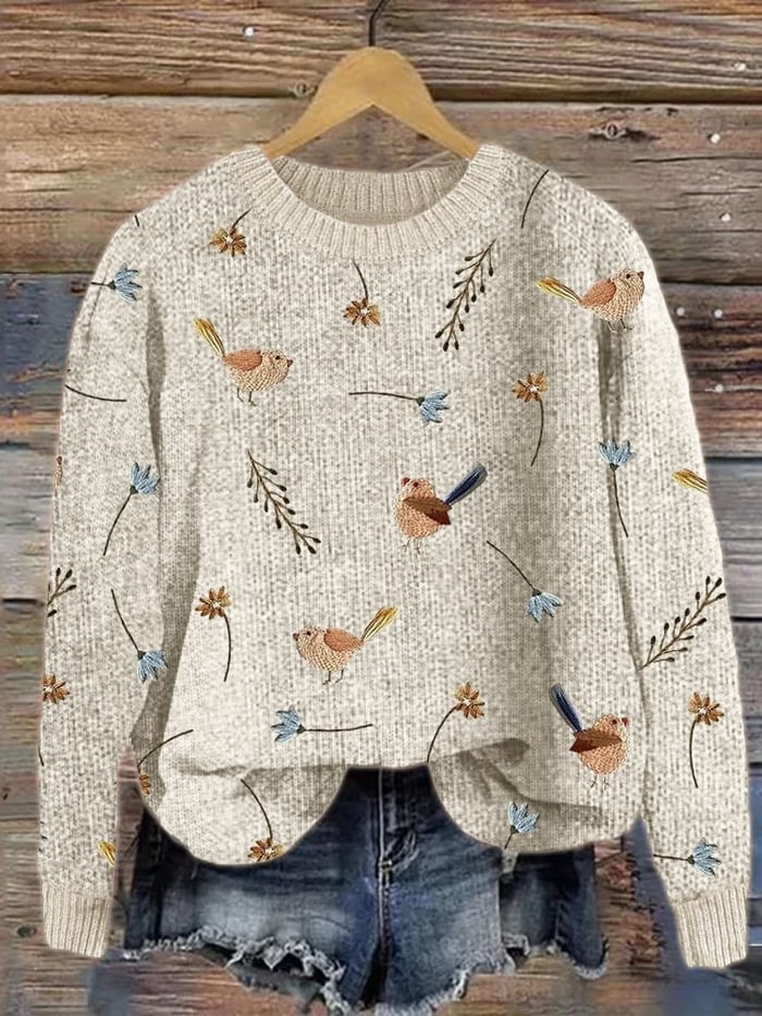 vintage-flower-bird-art-print-knit-pullover-sweater