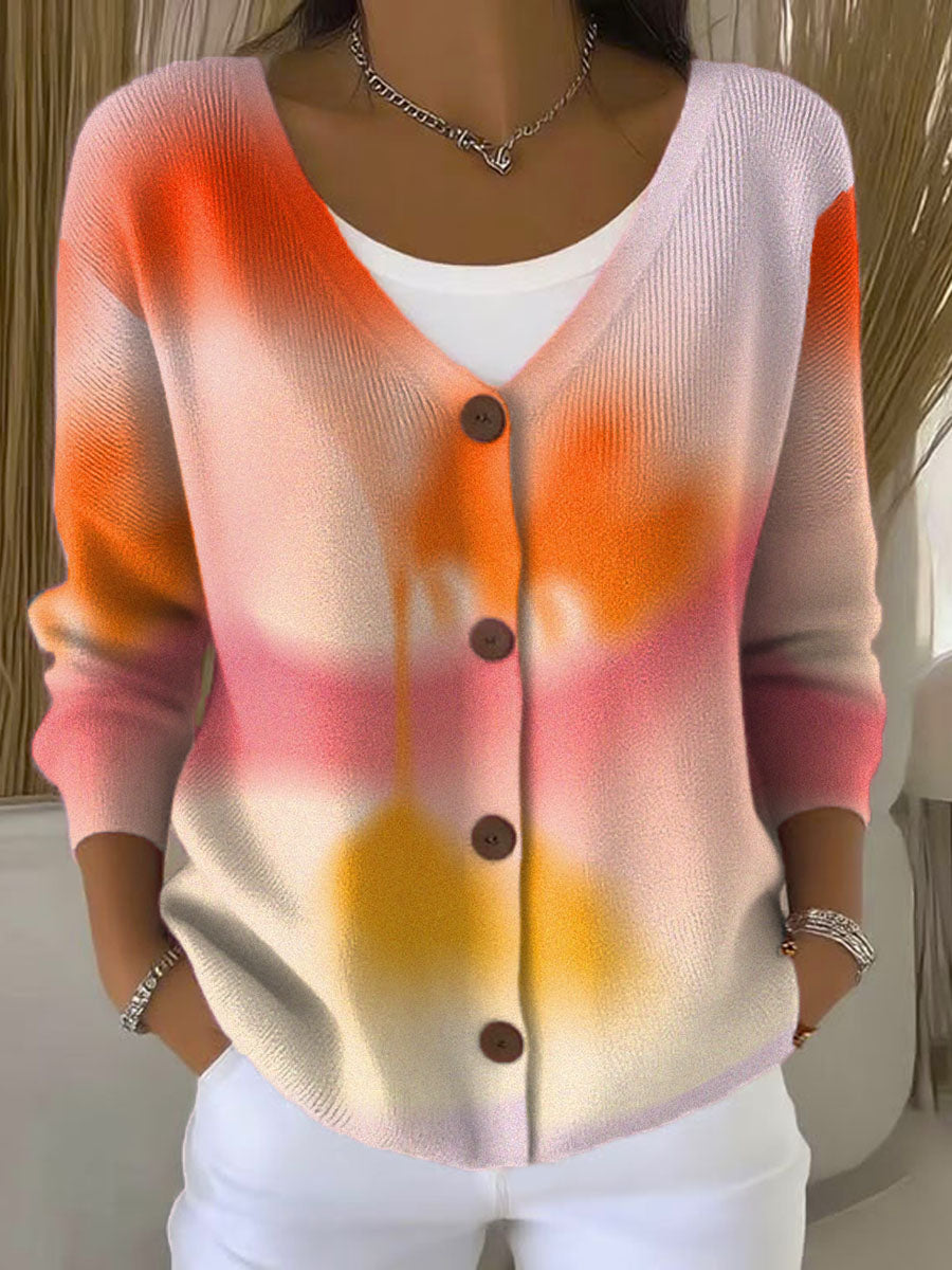 multi-color-blending-print-buttoned-v-neck-cardigan-sweater