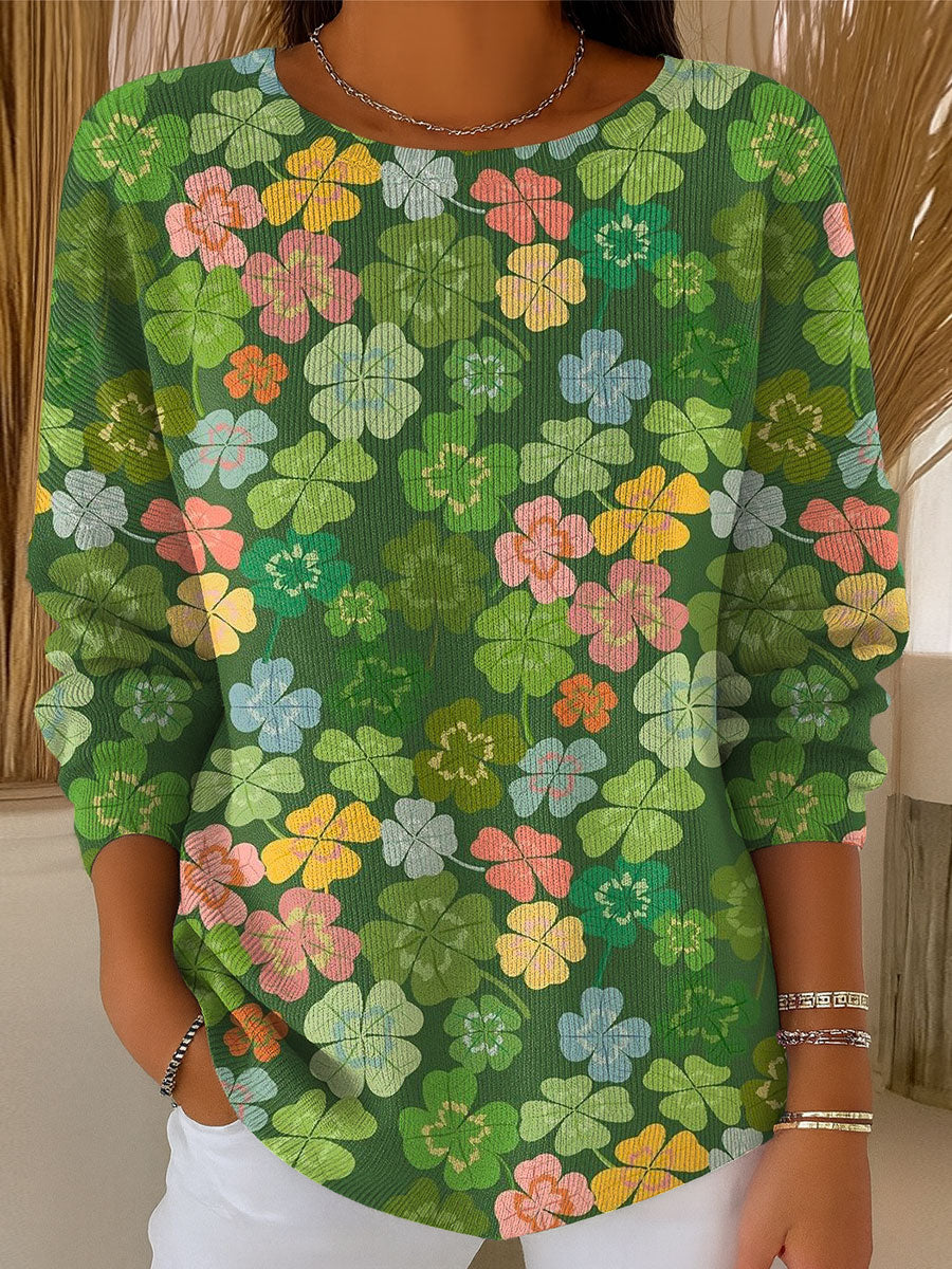 womens-flowers-four-leaf-clover-geometric-colors-casual-pullover-sweater