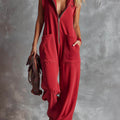 Women's Solid Color Sleeveless Casual Loose Hooded Cotton Wide-leg Jumpsuit