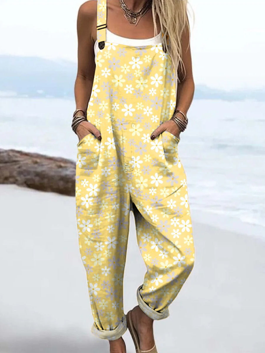Women's Yellow Artistic Flower Print Casual 100% Cotton Wide Leg Jumpsuit