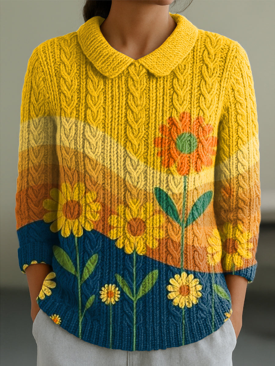 womens-beautiful-sunflower-flower-painting-art-print-casual-peter-pan-collar-3-4-sleeve-sweater-krzs