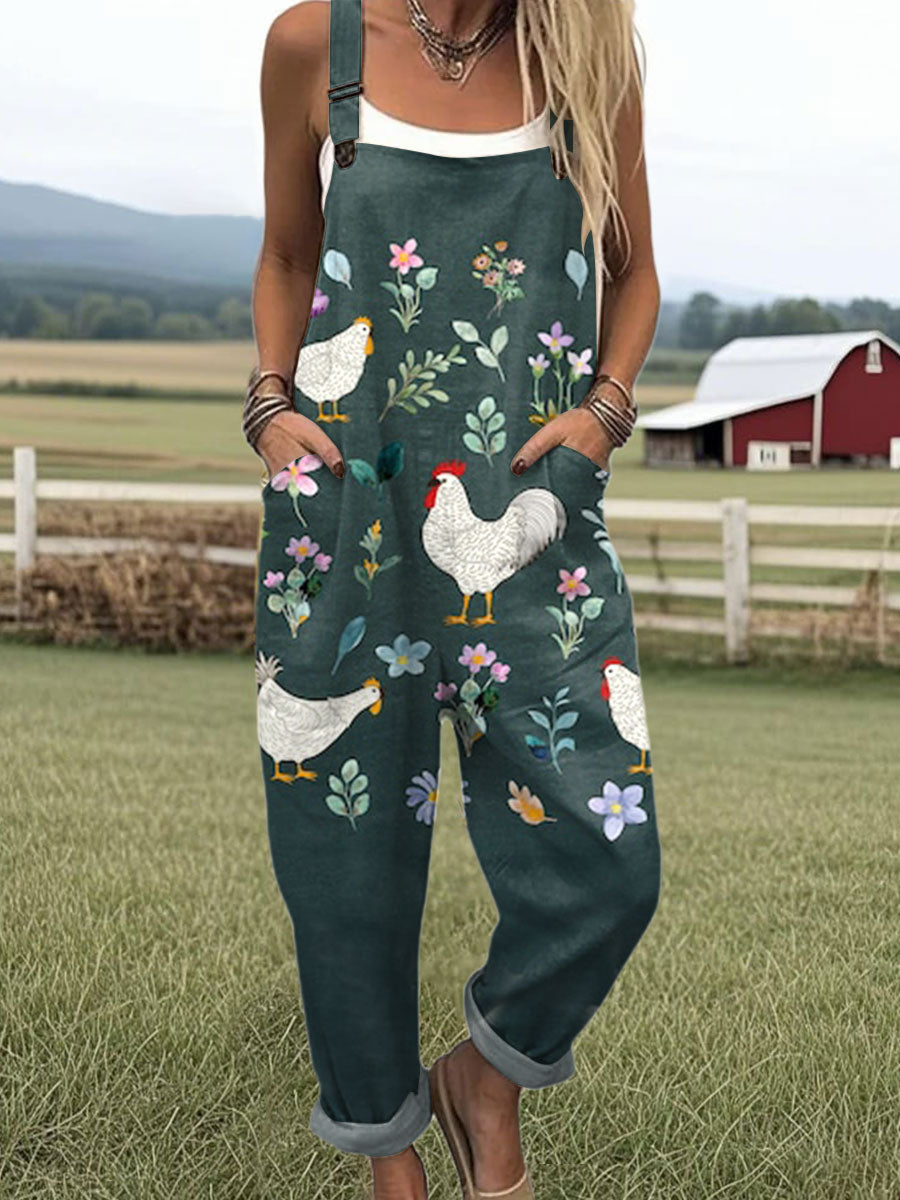 Women's  Funny Chicken Art Print Casual 100% Cotton Wide Leg Jumpsuit