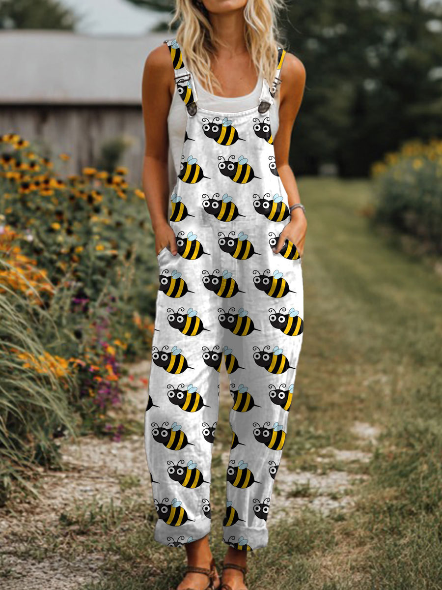 Women's  Funny Bee  Art Print Casual 100% Cotton Wide Leg Jumpsuit