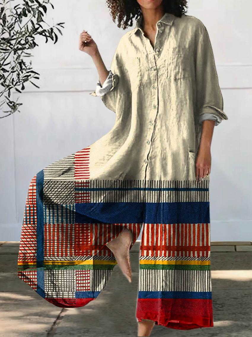 Women's Abstract Geometric Pattern Art Print Casual 100% Cotton Wide Leg Jumpsuit