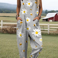Women's Lovely Bees Floral Art Print Casual 100% Cotton Wide Leg Jumpsuit