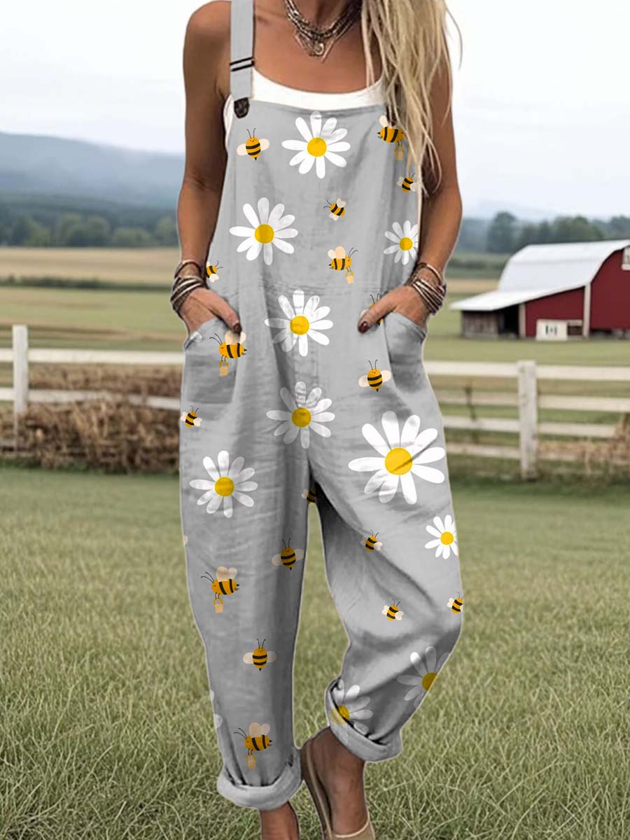 Women's Lovely Bees Floral Art Print Casual 100% Cotton Wide Leg Jumpsuit