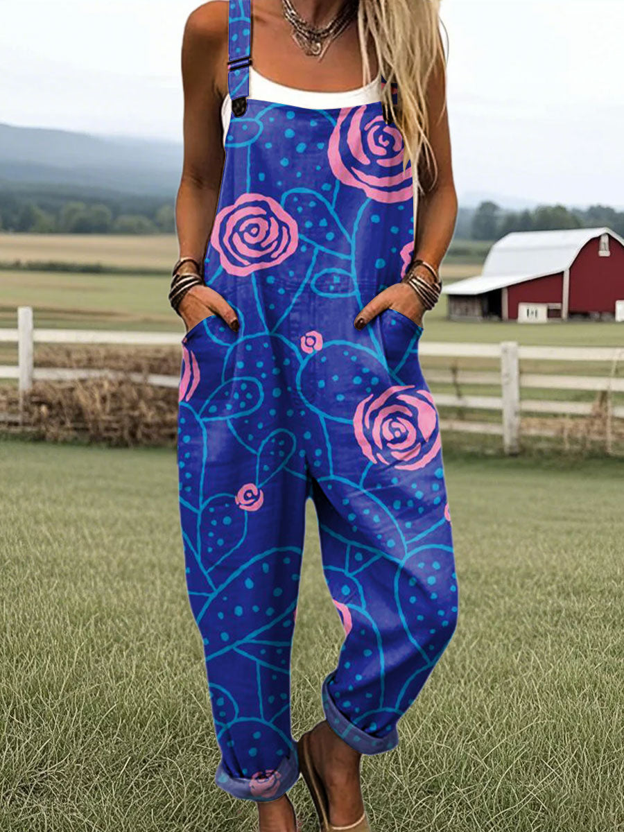 Women's Vintage Floral Art Print Casual 100% Cotton Wide Leg Jumpsuit