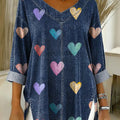Women's Love Pattern Art Print Casual Denim Shirt