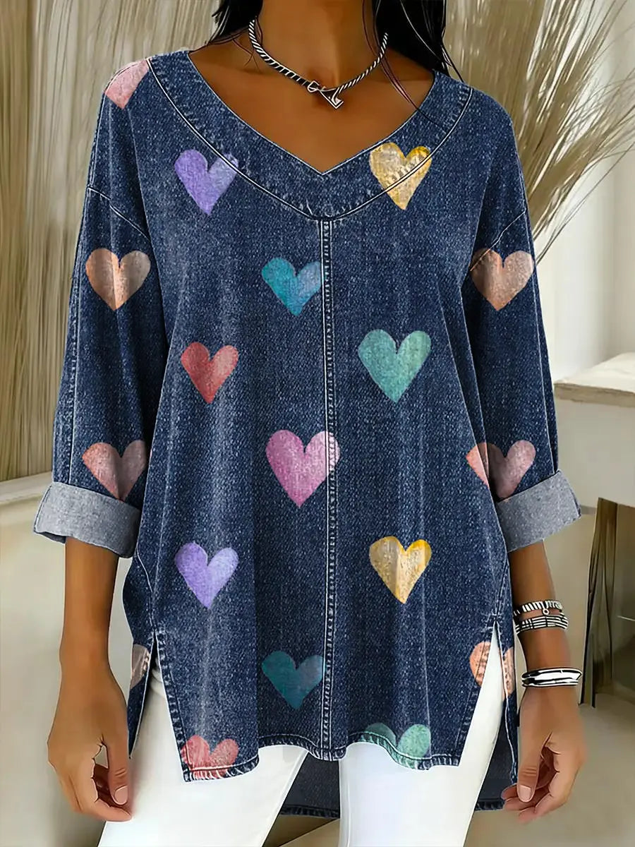 Women's Love Pattern Art Print Casual Denim Shirt
