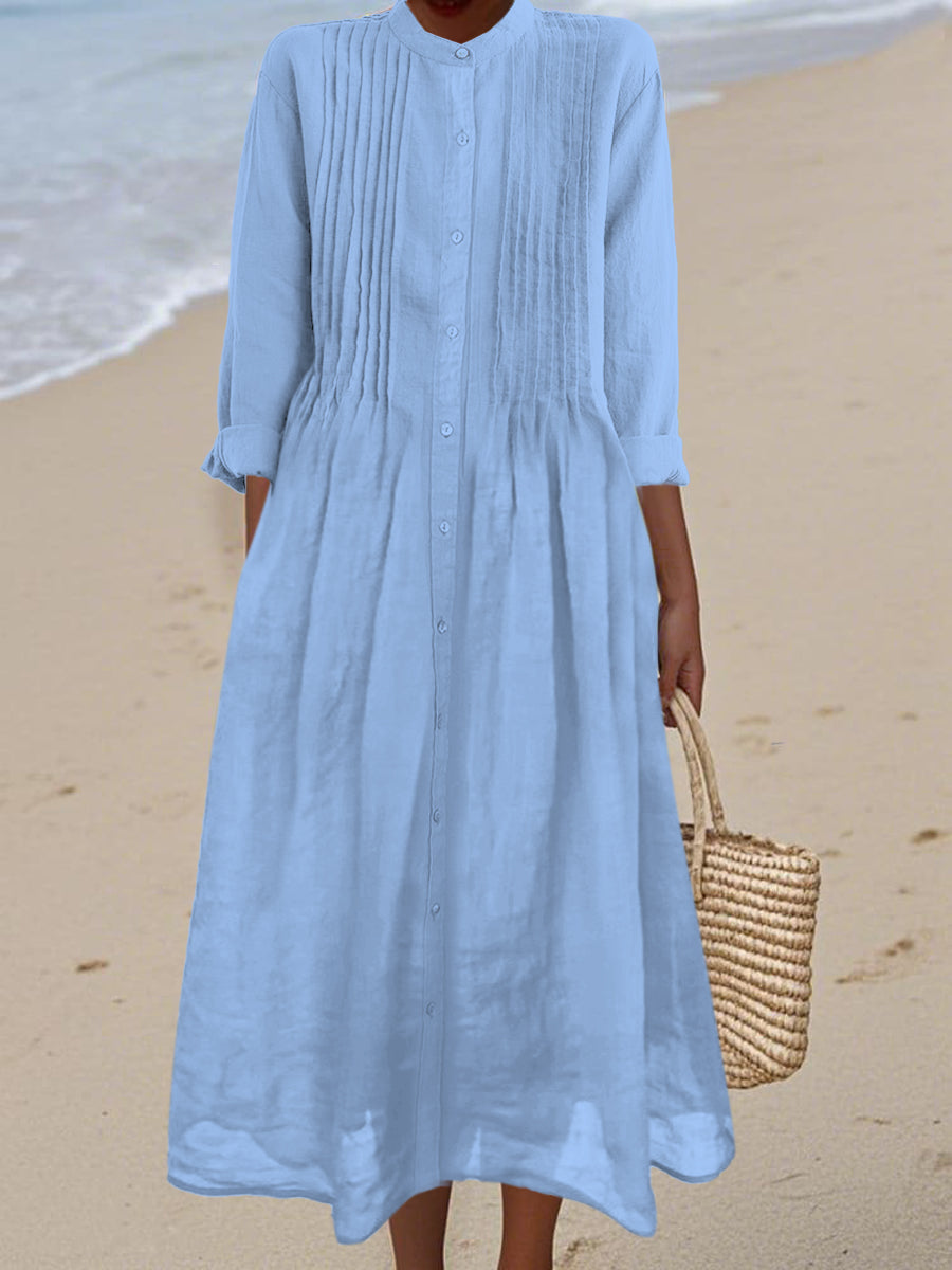 Women's Pleated Cotton and Ramie Long-sleeved Dress