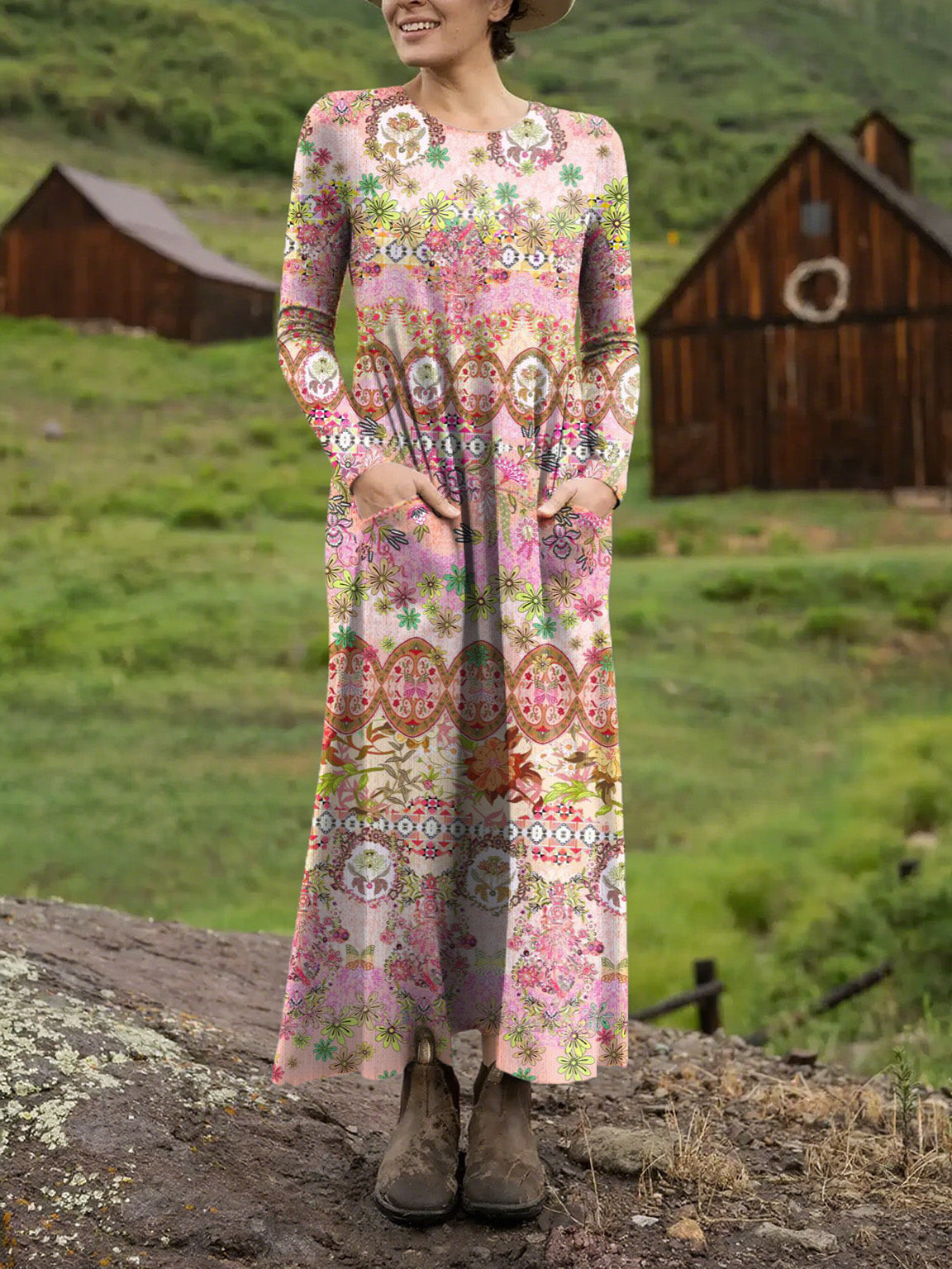 Women's Beautiful Ethnic Geometric Floral Art Print Long-sleeved Dress