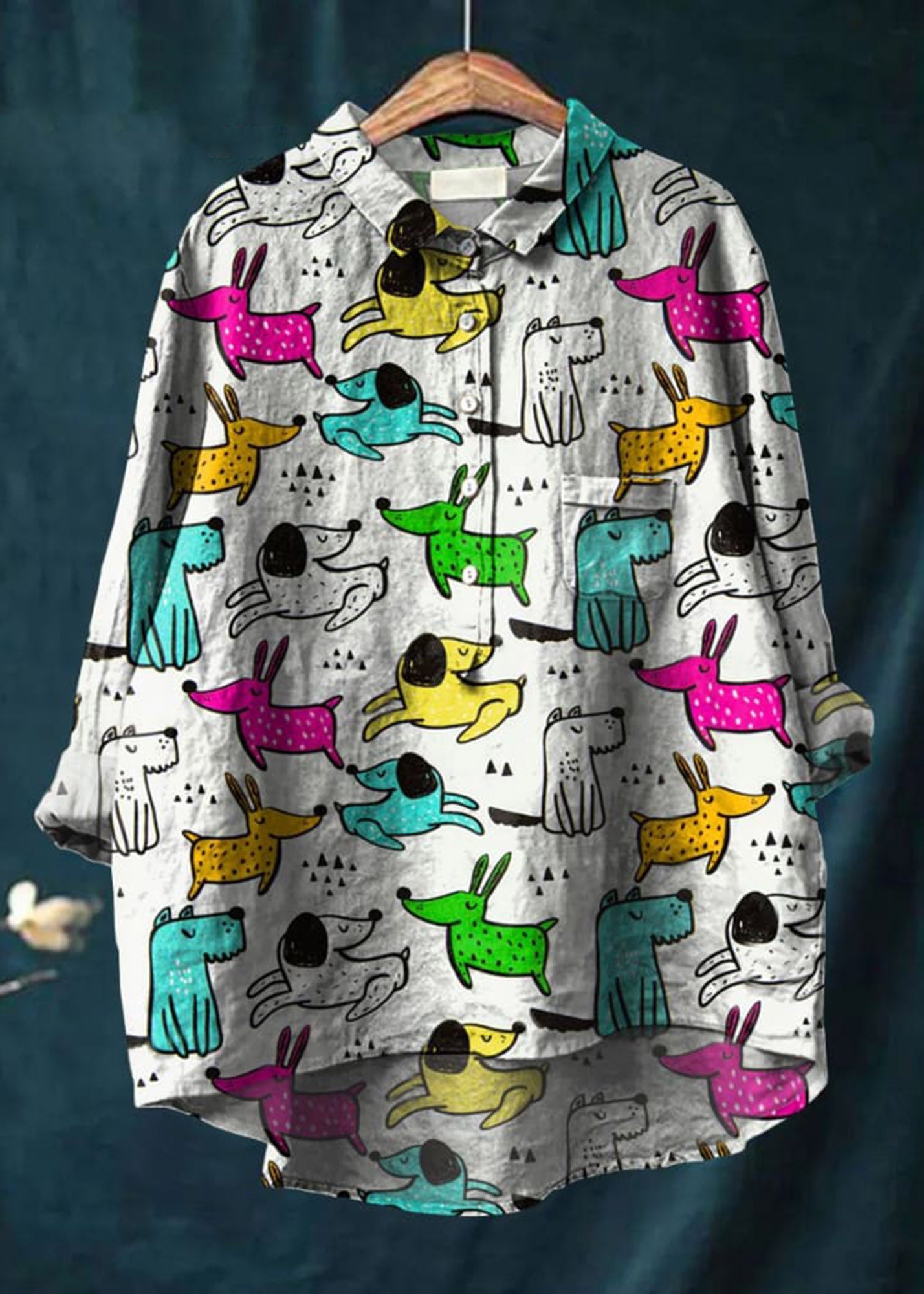 Women's Dog Art Print Casual Cotton And Linen Shirt