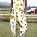Women's Cute Bee Sunflower Illustration Art Print Casual 100% Cotton Wide Leg Jumpsuit