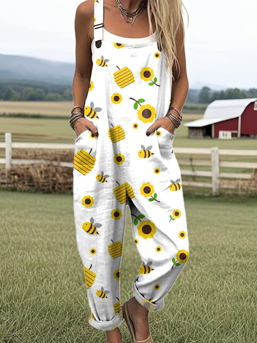 Women's Cute Bee Sunflower Illustration Art Print Casual 100% Cotton Wide Leg Jumpsuit