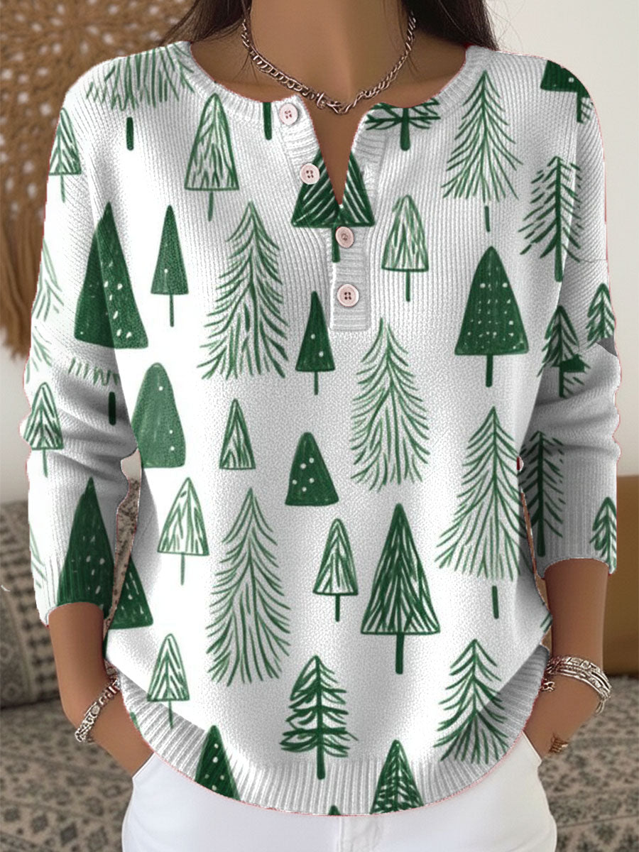 Vintage Christmas Tree Art Print Buttoned Cardigan Sweater